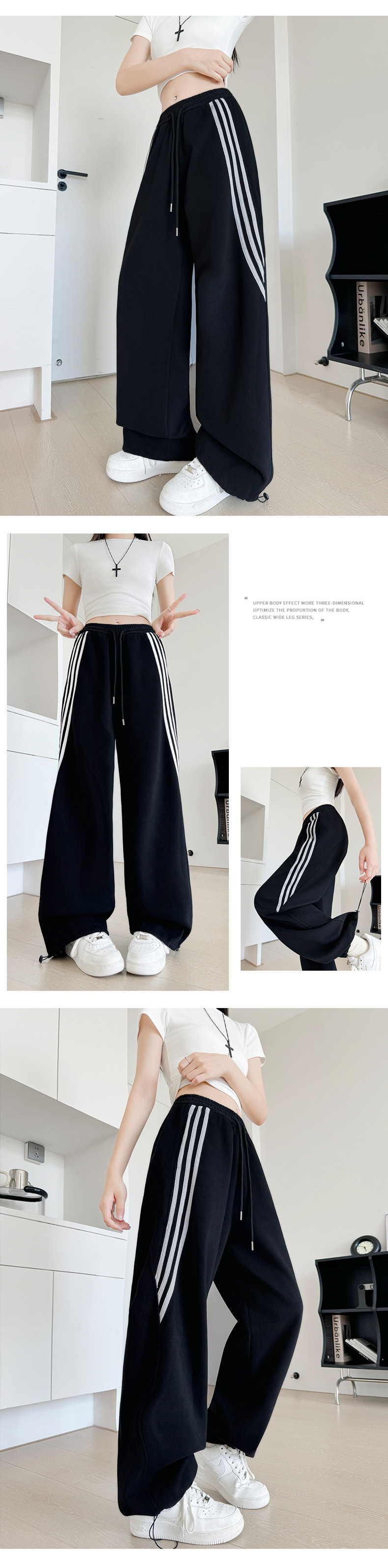 New grey striped sportswear pants for women in autumn and winter, slimming wide-leg sweatpants, loose high-waisted straight-leg casual fleece pants pic 15