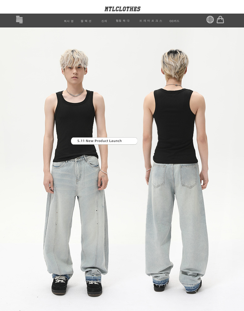 MTLCLOTHES男装| 小众设计感浅色阔腿牛仔裤宽松显瘦直筒弯刀裤潮详情2