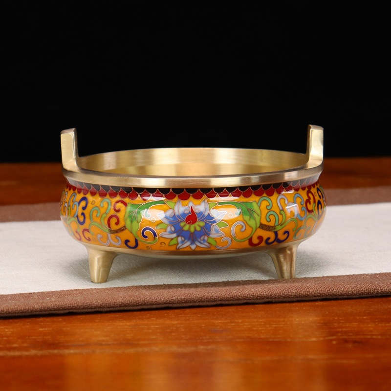 Wholesale of cloisonne incense burners and Buddhist utensils in stock. Traditional cast copper cloisonne low-temperature enamel antique straight ear burners pic 16