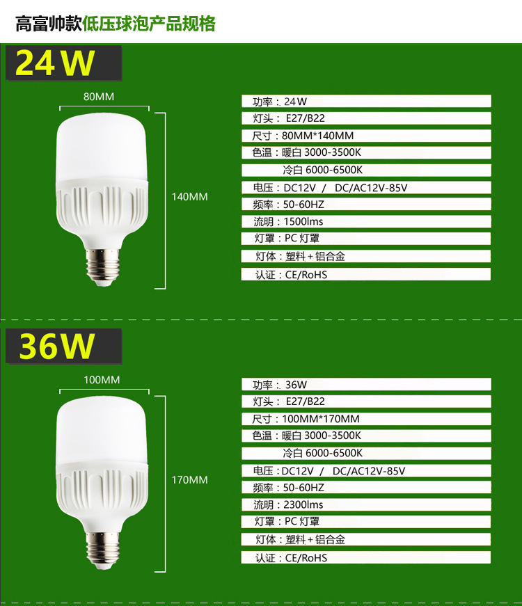 厂家直供低压直流交流led塑包铝灯泡 led灯泡12V 24V 36V 48V通用详情5