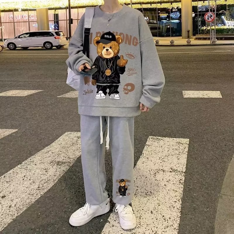 华夫格套装男春秋季休闲宽松大码运动裤子ins潮流卫衣卫裤两件套详情3