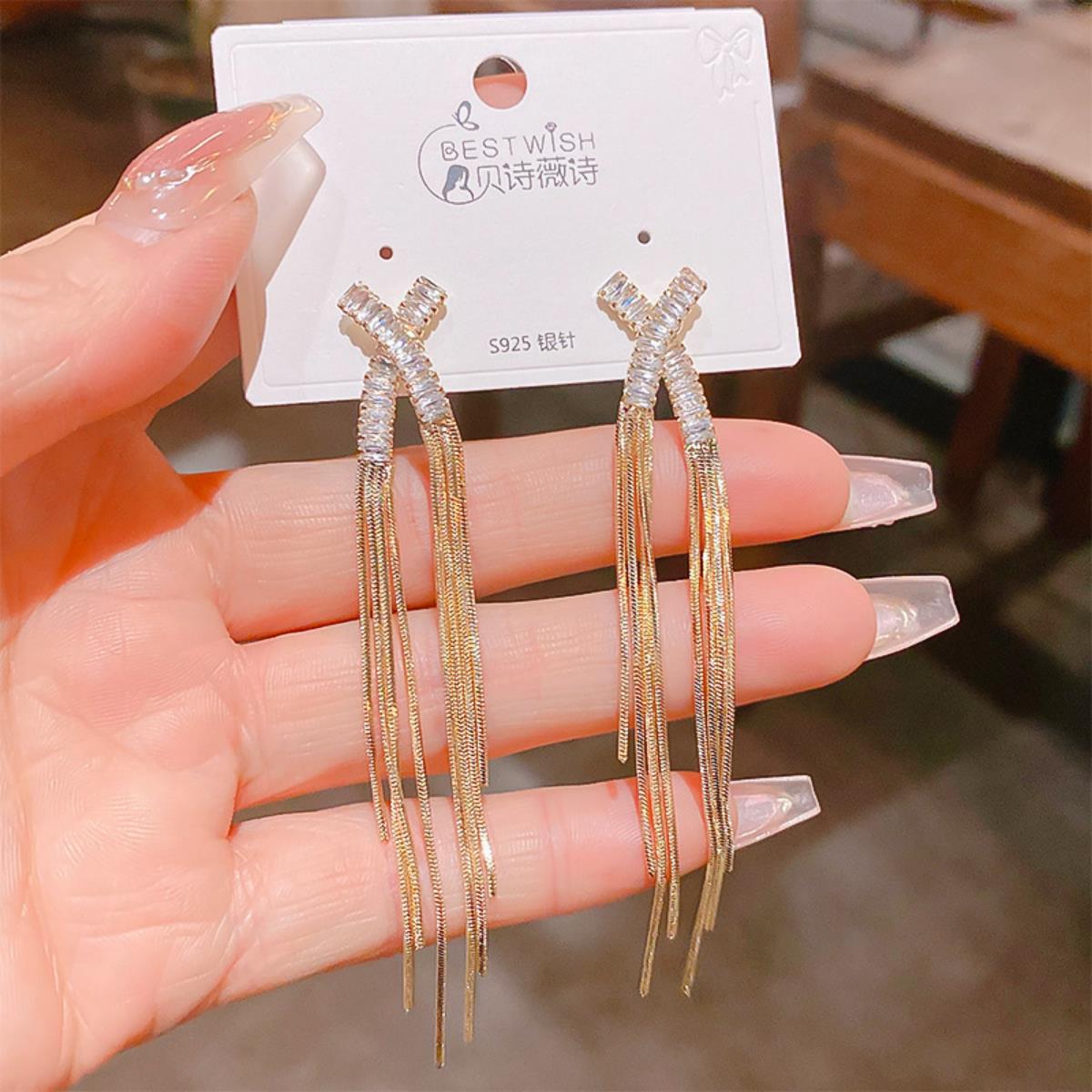 【流苏】精致超仙气质显脸瘦长款锆石耳环 银针韩版高级感耳钉饰详情21