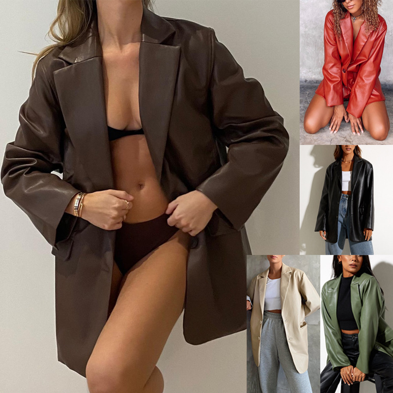 2023亚马逊女款皮衣秋冬新款 欧美黑色外套休闲保暖西装夹克女装详情9