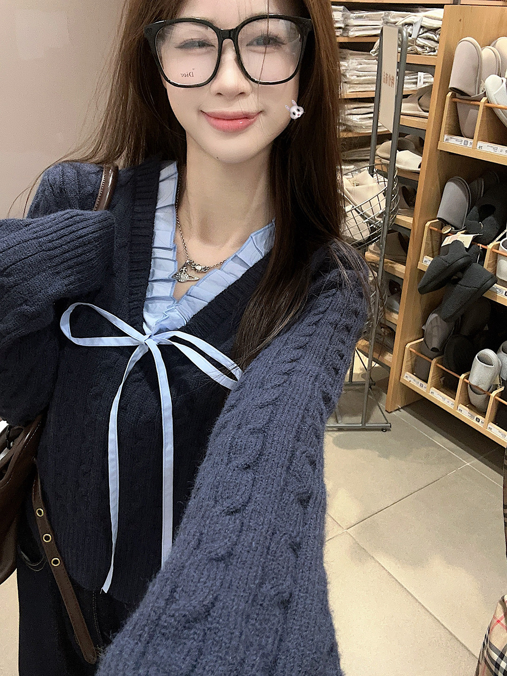 韩系学院风设计感假两件长袖毛衣针织衫女冬季蓝色温柔风修身上衣详情15