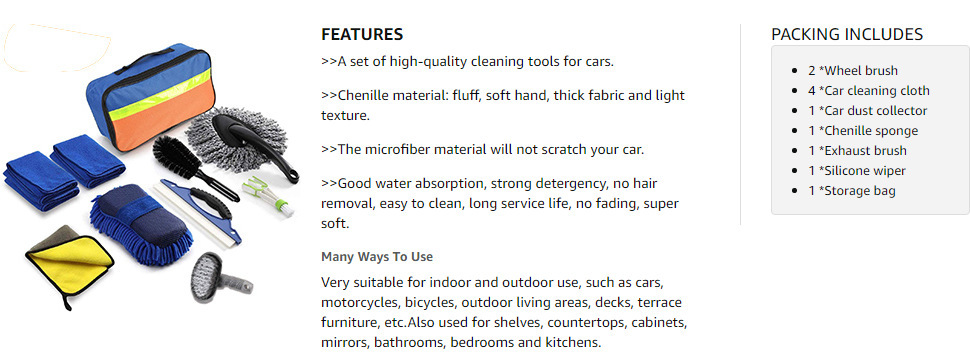 Cross-border source car wash and cleaning set of 10 pieces: car wash sponge, rubber thread, wheel hub brush, glass scraper, car wash brush pic 3