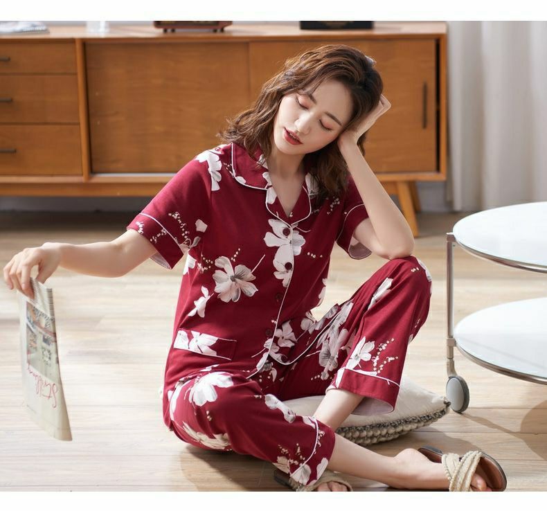 100%纯棉睡衣女夏季薄款短袖长裤大码家居服套装夏可外穿详情7