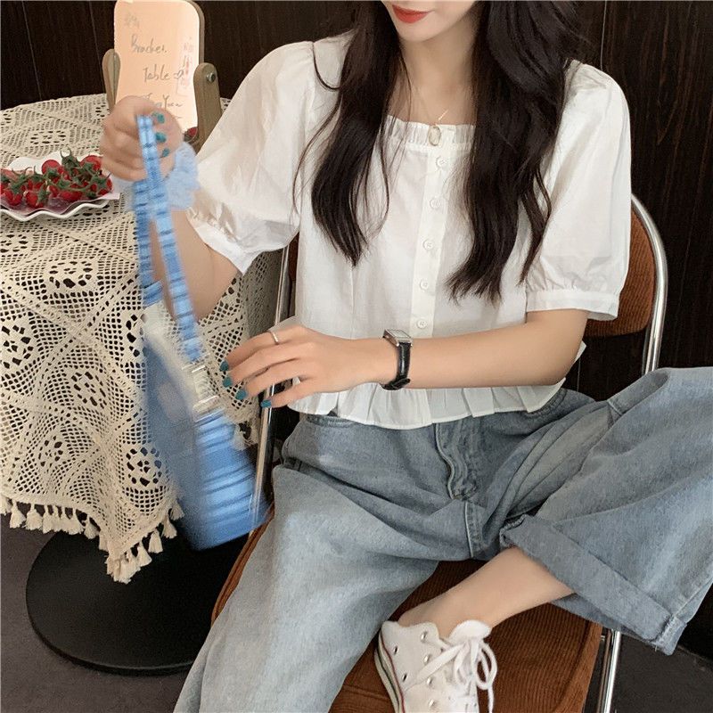 短袖衬衫女设计感小众夏季法式甜美减龄短款上衣方领小个子娃娃衫详情23