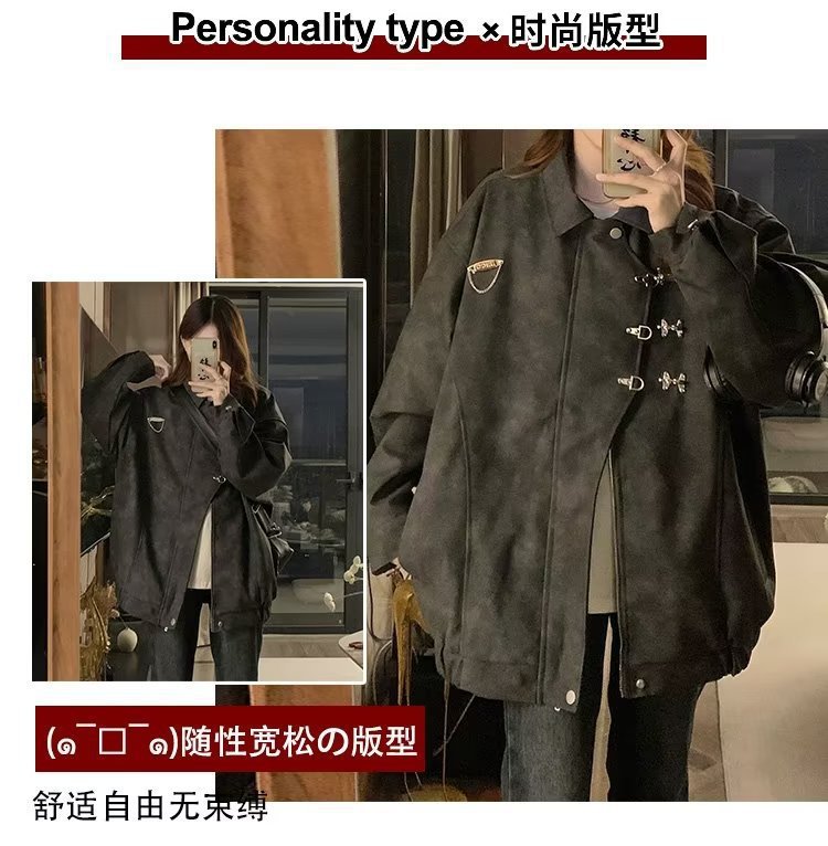 美式复古翻领外套女chic春秋潮流休闲宽松设计感PU皮学生夹克上衣详情5