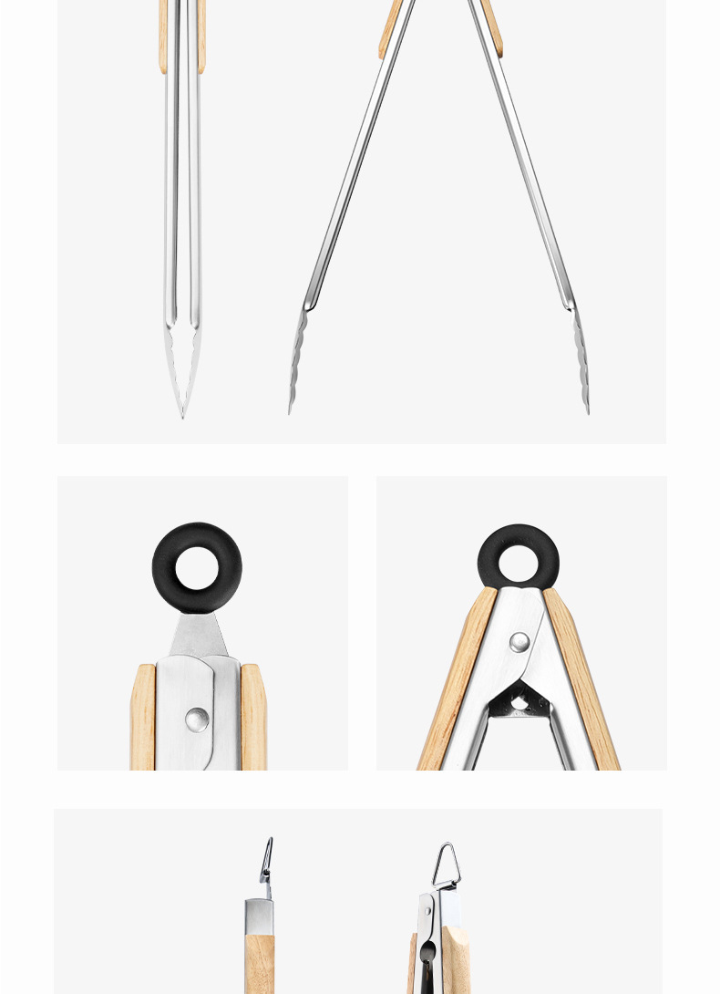 Stainless steel food tongs, high-temperature resistant wooden handles, anti-scald steak tongs, food tongs, BBQ barbecue tongs, roast meat tongs, baking tongs pic 13