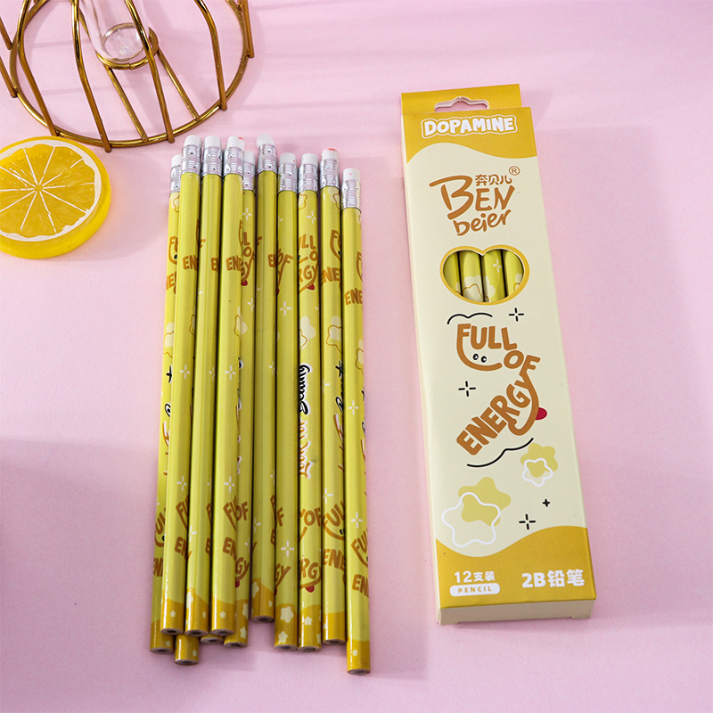 卡通高颜值铅笔12支盒装2b铅笔学生儿童绘画带橡皮头文具用品批发详情6