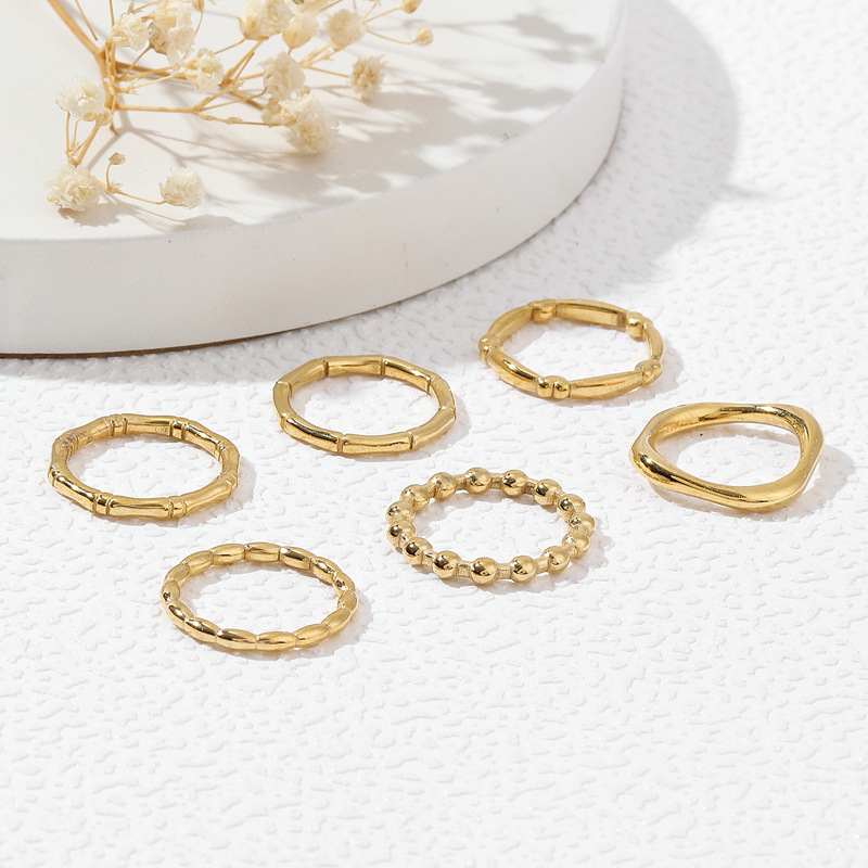 跨境新品 油压不锈钢竹节戒指女 六款异形图案指环小众钛钢饰品厂详情5