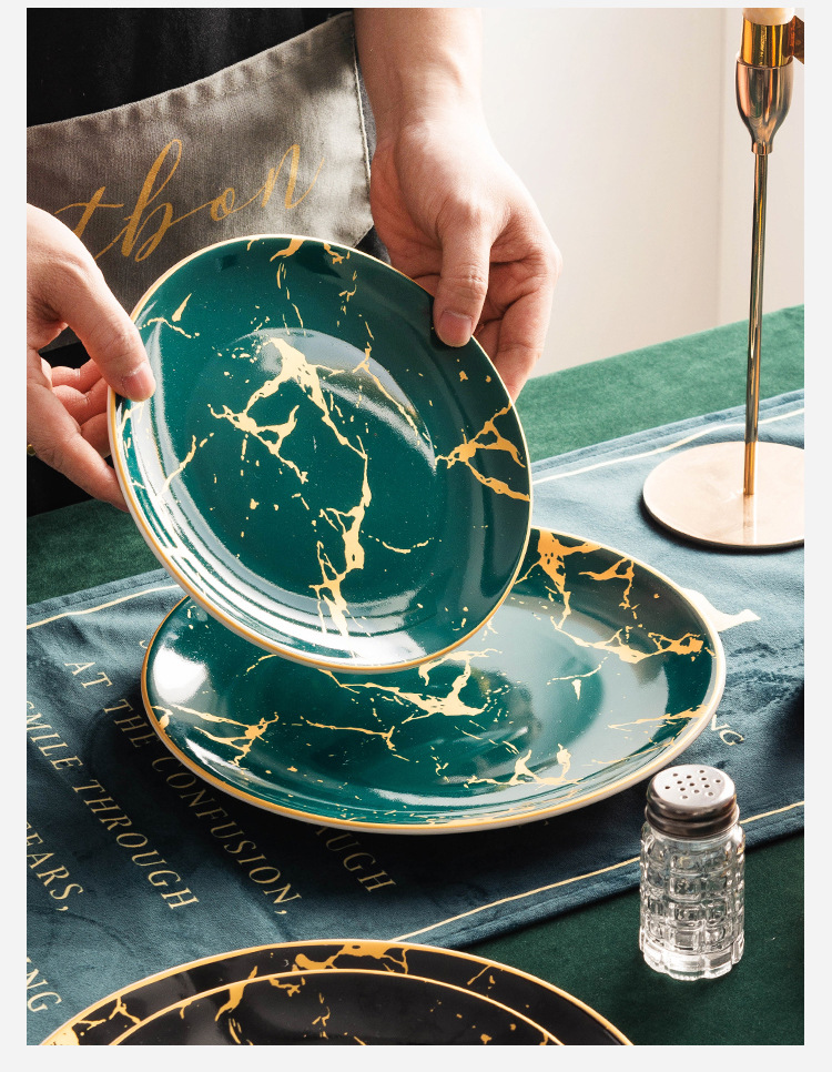 European-style gold-edge tableware, marble-patterned plates, Western plates, steak plates, household tableware, banquet dessert presentation model room pic 8