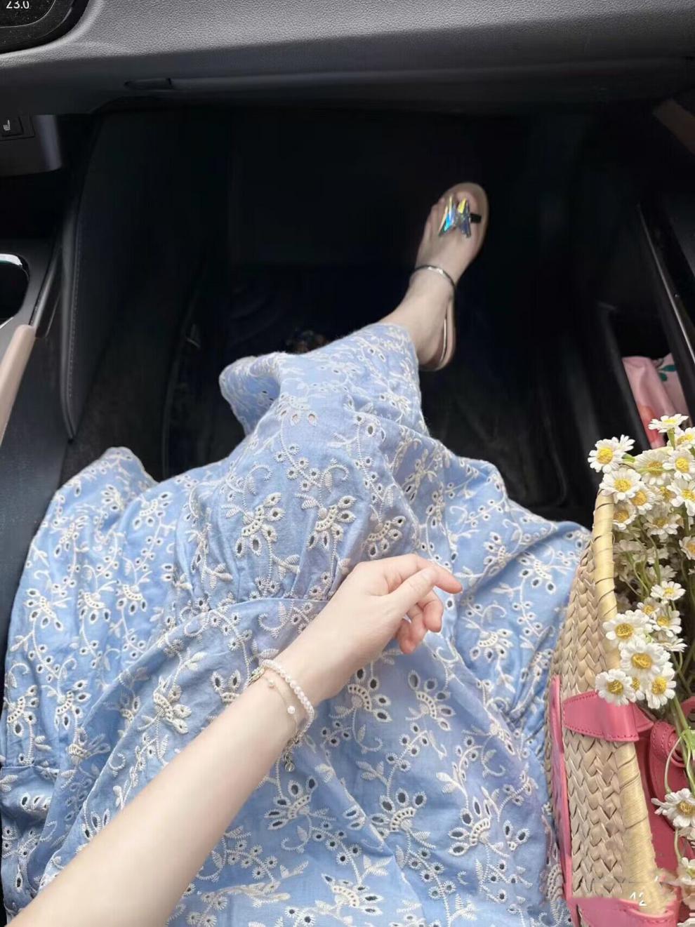 A high-end, heavily embroidered blue orange French dress for women, a new summer dress for petite women with a cinched waist and a slimming look pic 5