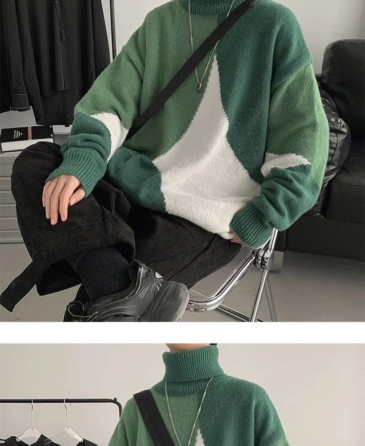 High-neck sweater for men, Hong Kong-style knitted sweater for both men and women, thick, trendy, loose and laid-back sweater for men in winter pic 7