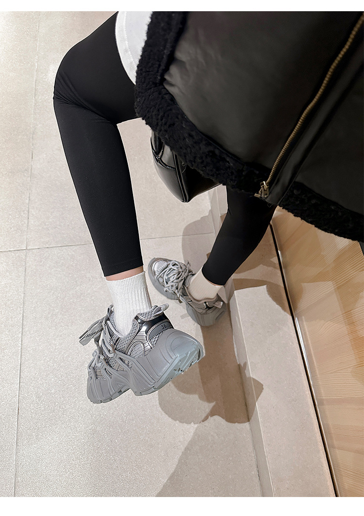 葡萄妈同款 画报女孩 时髦双鞋带网面拼接厚底增高老爹鞋女真皮详情77