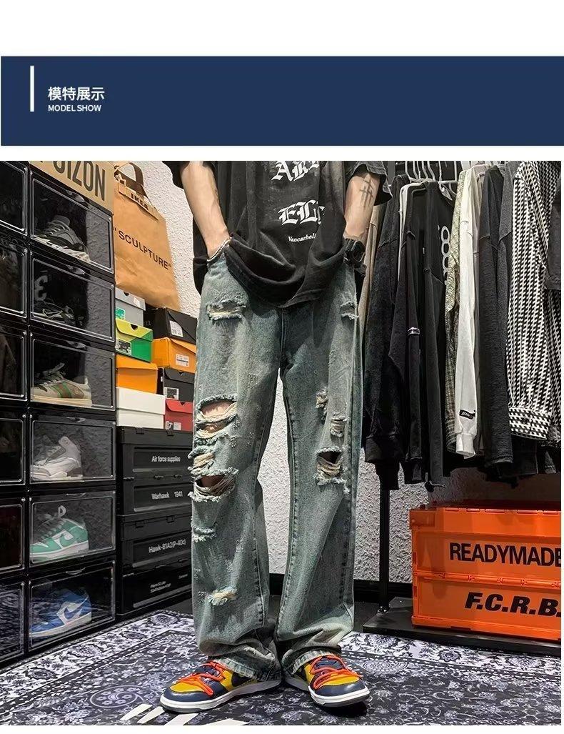 刮烂做旧水洗春秋季时尚青少年高街ins乞丐裤男牛仔裤宽松阔腿裤详情2