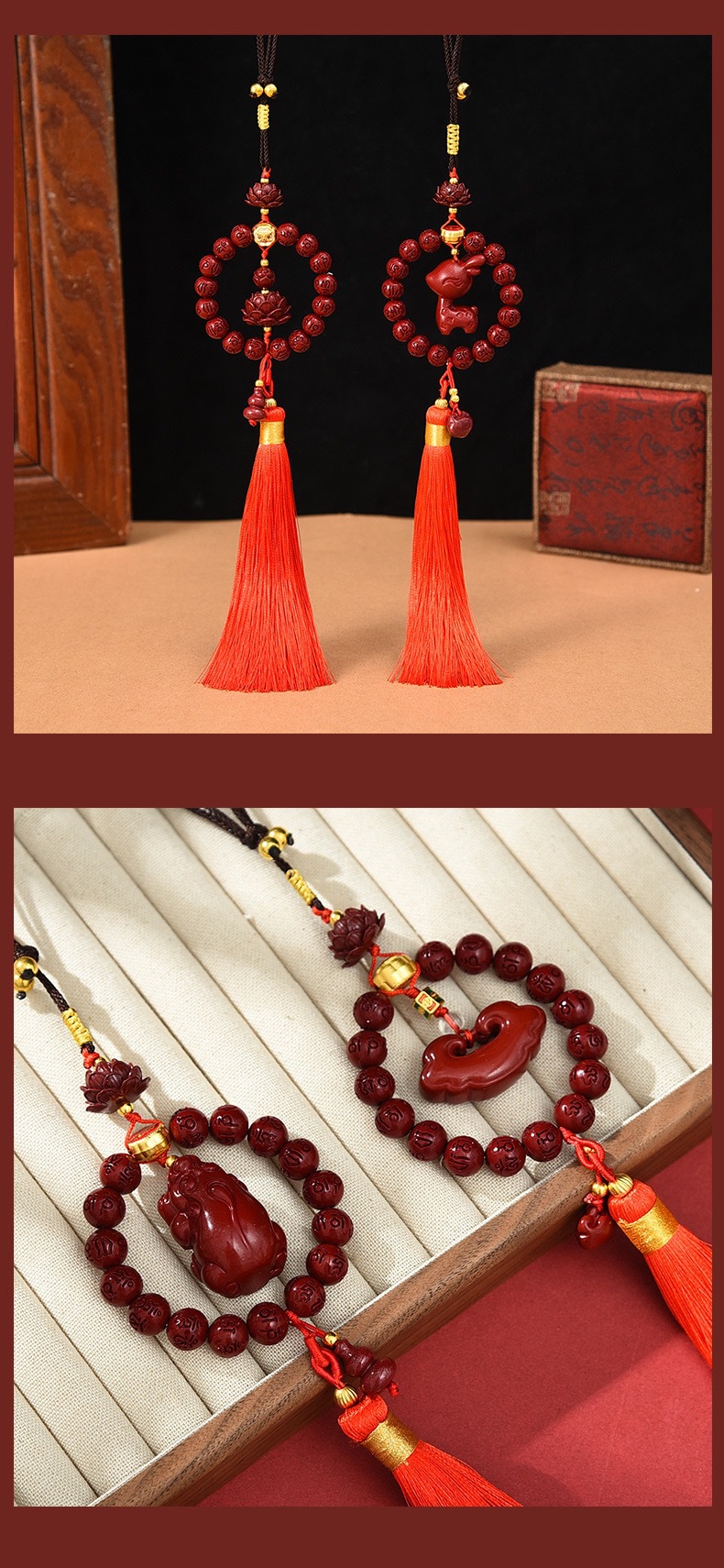 New six-character true words bead ring tassel car pendant, cinnabar lotus, little deer car rearview mirror interior hanging accessory, national trend pic 8