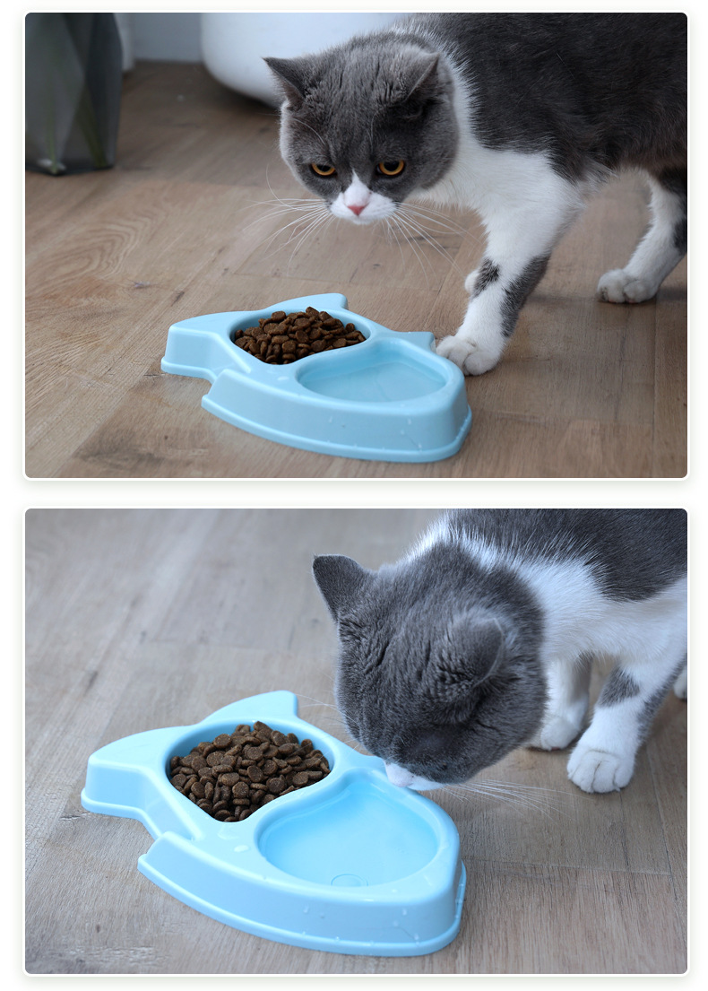 New plastic cat bowl fish-shaped cat food bowl, pet supplies, anti-tipping cat one-piece double bowl food bowl pic 131