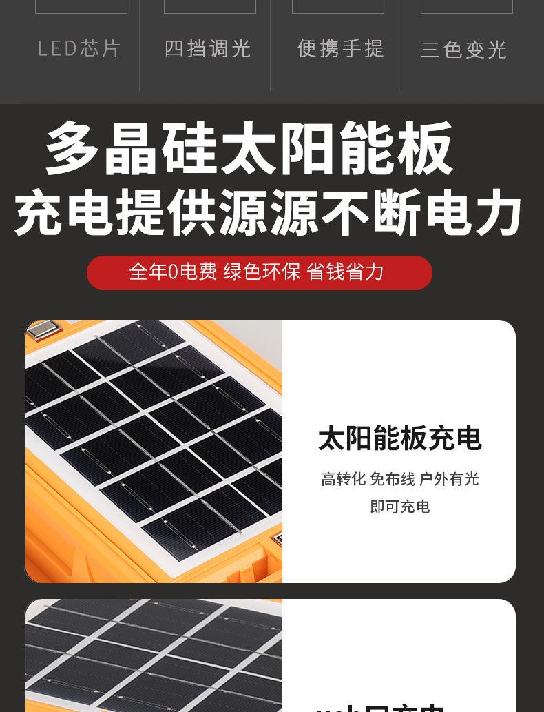 跨境太阳能手提灯充电投光灯户外露营灯便携家用移动应急照明灯详情2