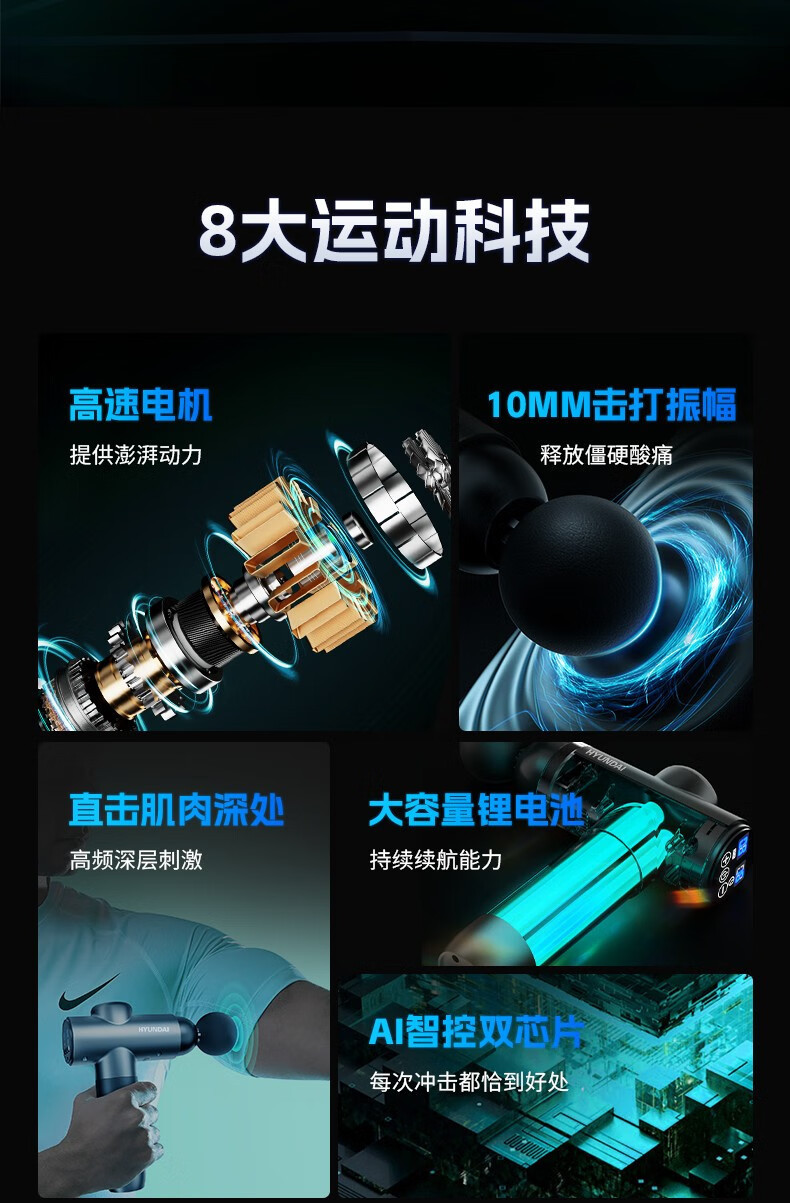 严选HYUNDAI电动筋膜枪充电款按摩器四六头按摩枪专业级肌肉按摩详情13
