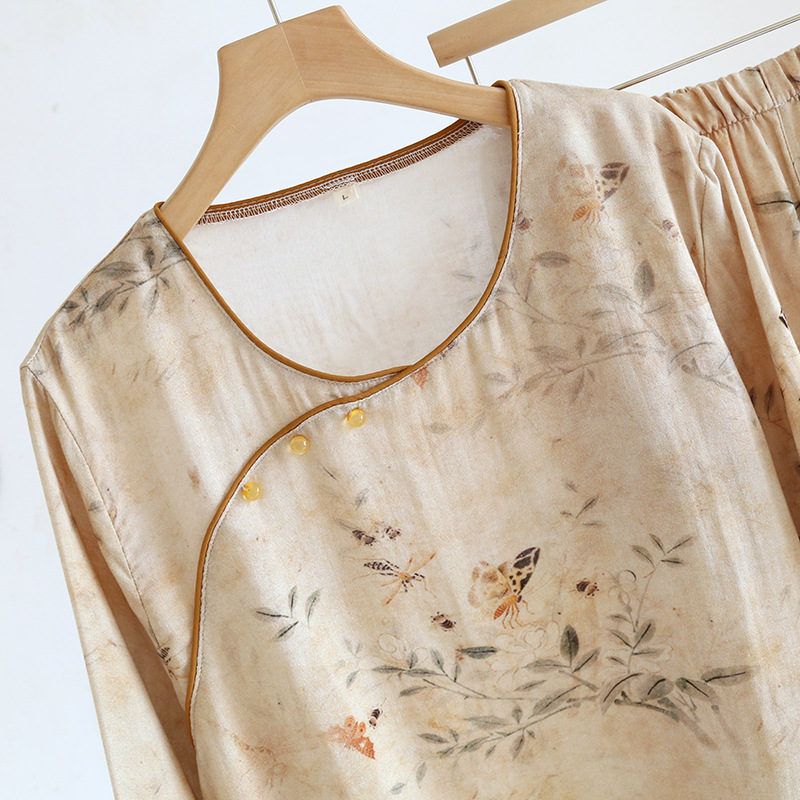 New Chinese-style ancient-style pajamas for women in spring and summer, thin bamboo and cotton Chinese-style Hanfu long-sleeved set for home wear, suitable for outdoor wear pic 7