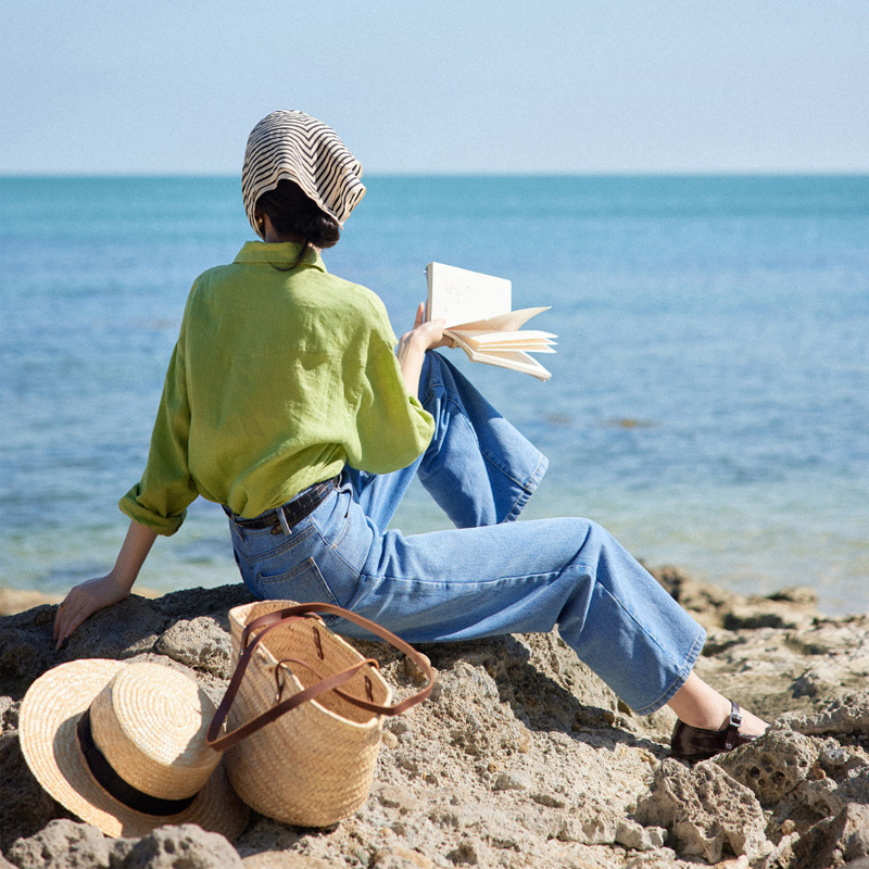 美丽的皇帝14支全亚麻绿色长袖盐系衬衫女早春新款休闲宽松衬衣详情6