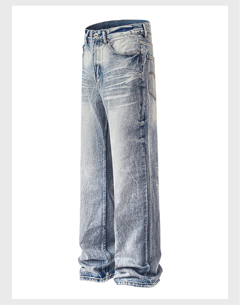 In the autumn of 2025, American-style washed distressed cat beard light blue jeans for both men and women, loose and versatile straight-leg long pants for cross-border use pic 9