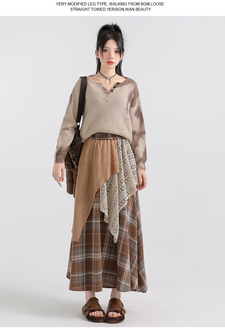 Forest-themed retro checkered skirt for women 2025 new autumn and winter design, irregularly pieced high-waisted A-line long dress pic 32