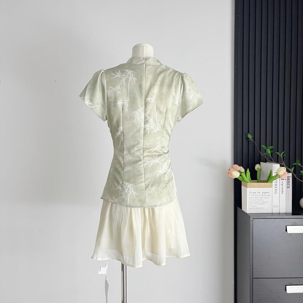 杨大卷国风假两件收腰连衣裙新中式绿色改良旗袍女不规则拼接清冷详情7