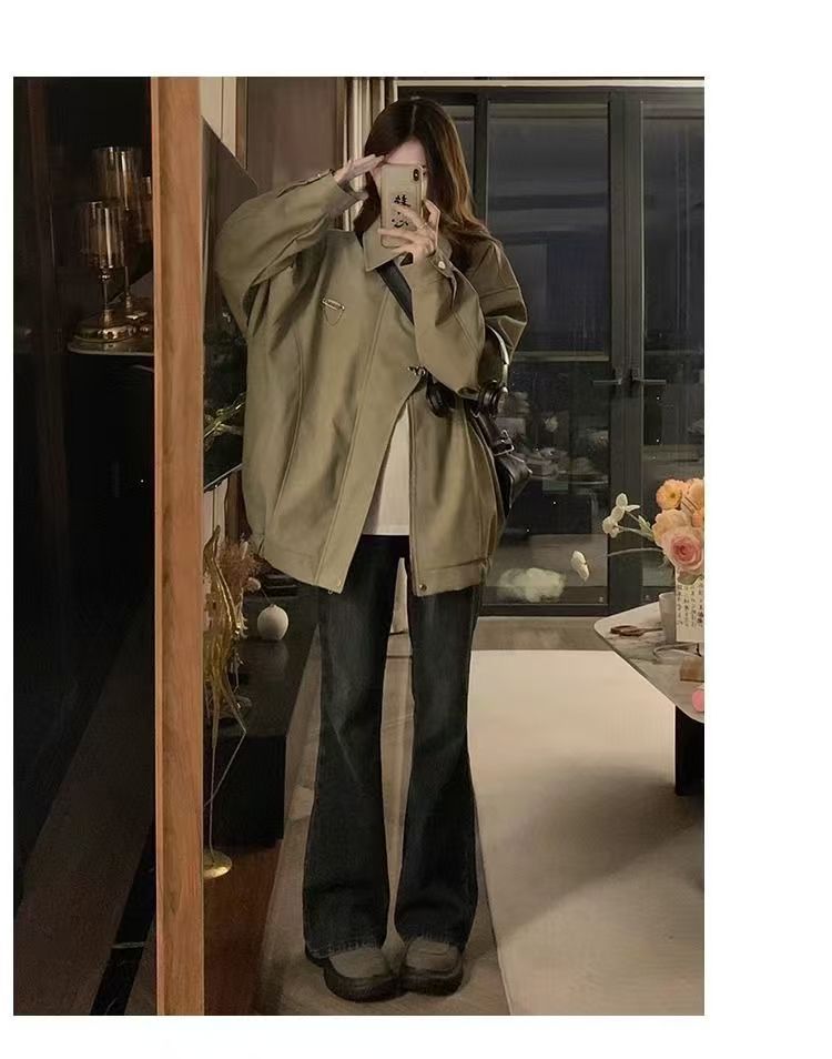 美式复古翻领外套女chic春秋潮流休闲宽松设计感PU皮学生夹克上衣详情28