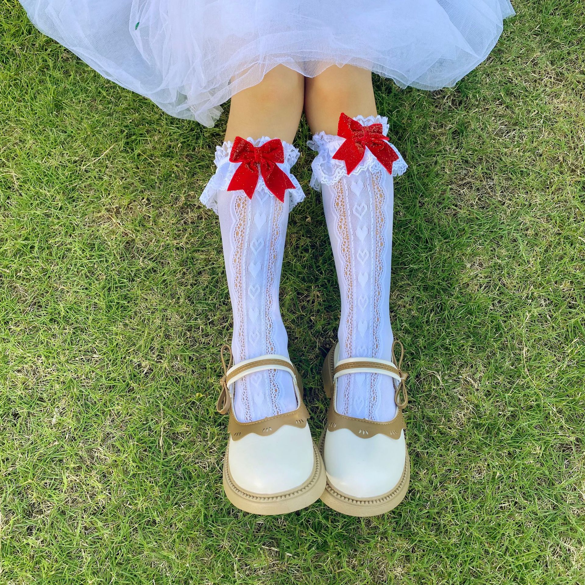 洛丽塔蕾丝花边公主袜女童短袜子薄款红色蝴蝶结女孩长筒袜小腿袜详情5