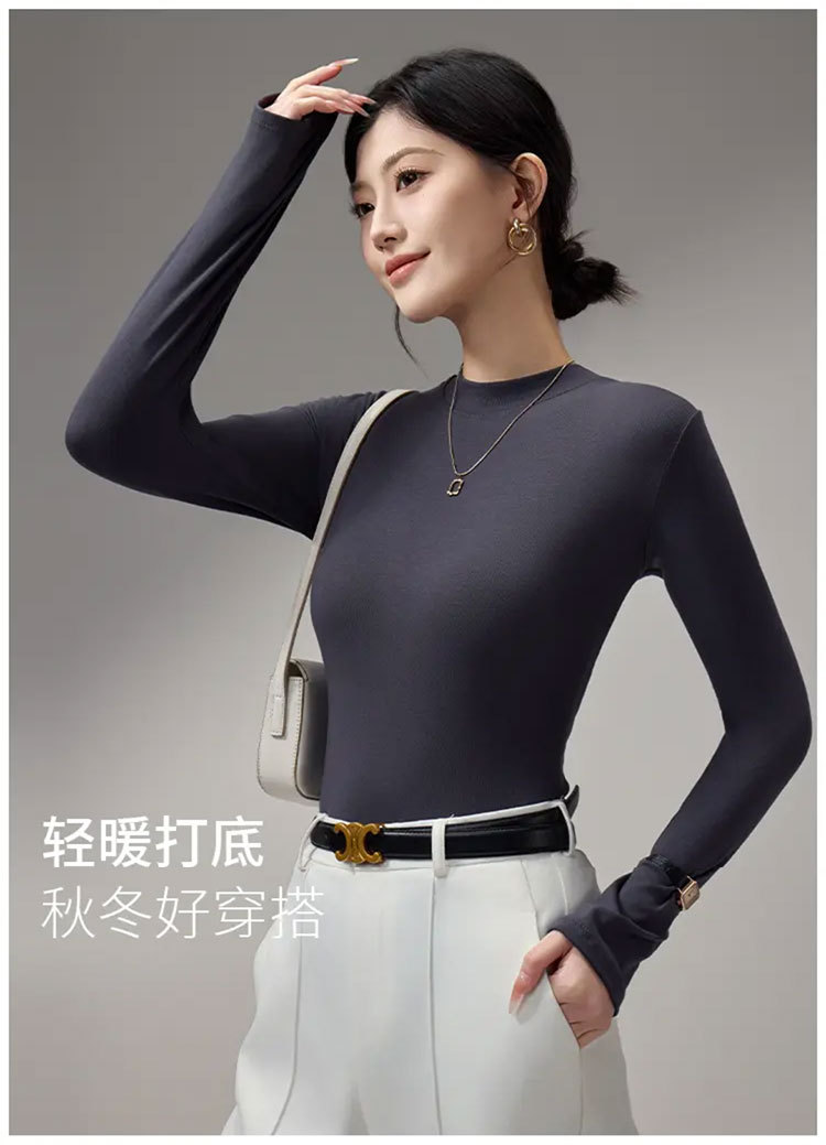 莫代尔小立领打底衫女长袖春秋冬加绒修身气质女装半高领内搭上衣详情6