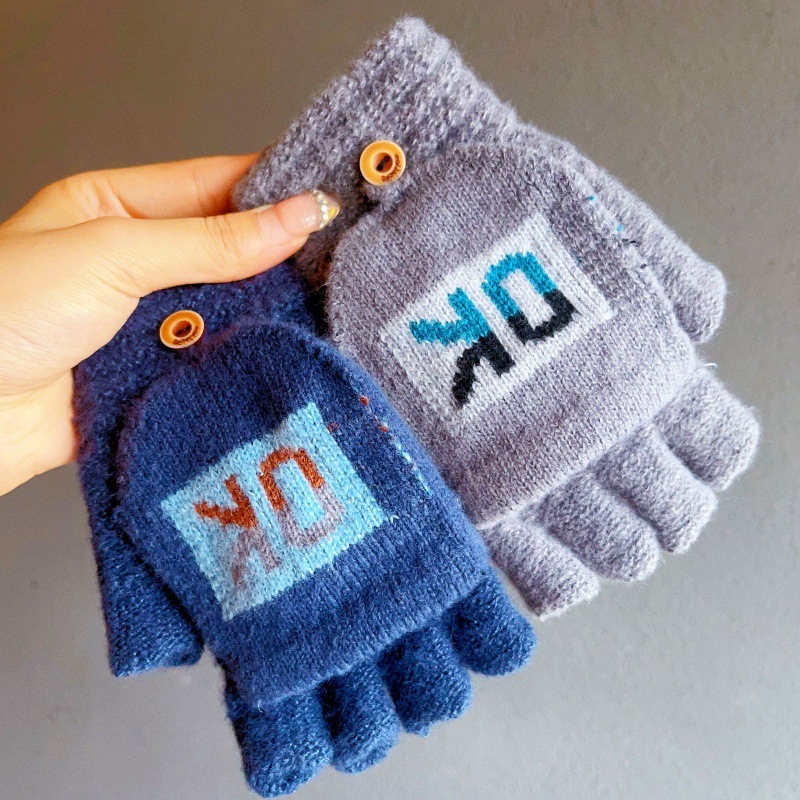 韩版手套冬季新款保暖防寒防冻男士简约户外骑行半指翻盖写字手套详情4