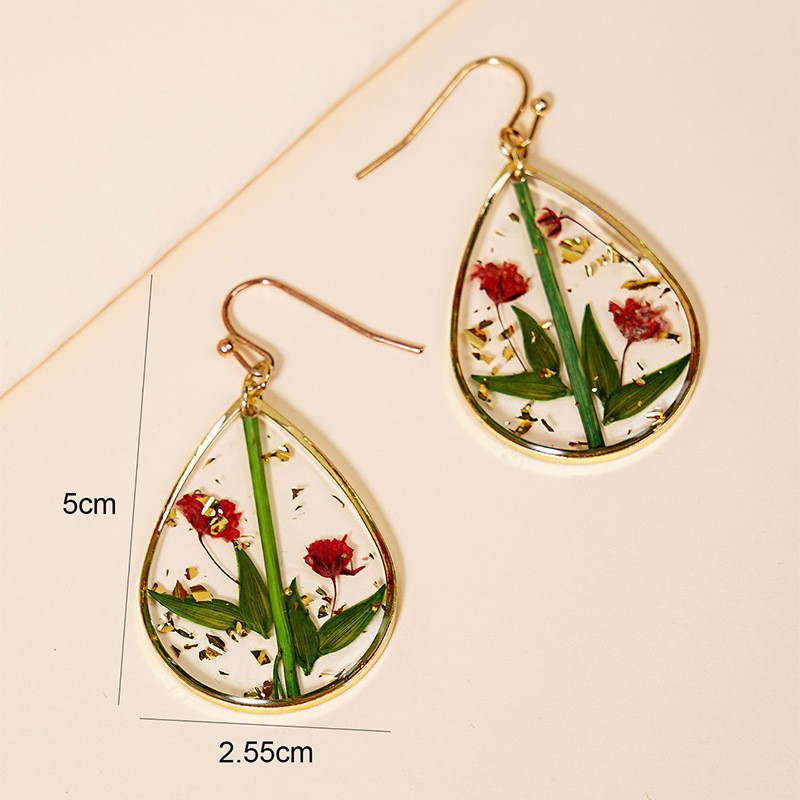 日韩清新甜美滴胶树叶永生花耳环 优雅精致水滴形红干花高级耳饰详情25