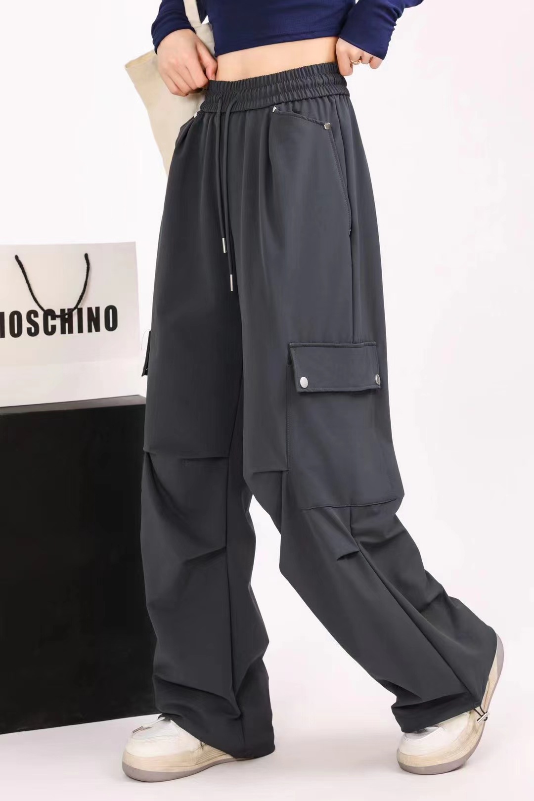 Workwear sweatpants for women, multi-pocket straight bucket tapered long pants for women, casual pants, simple elastic high-waisted tapered pants pic 5