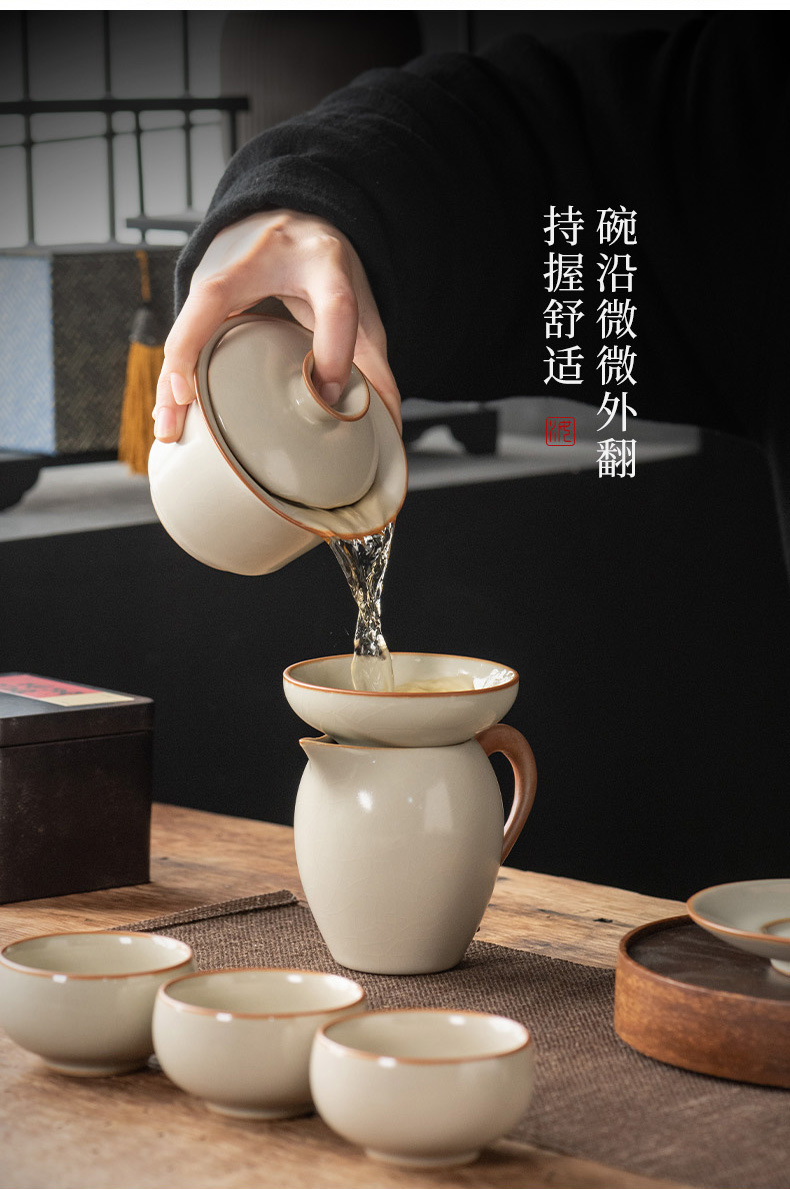 Beige Ru Kiln Kung Fu tea set, Chinese ceramic teapot lid, bowl, tea cup, tea tray, light luxury high-end household wholesale pic 12