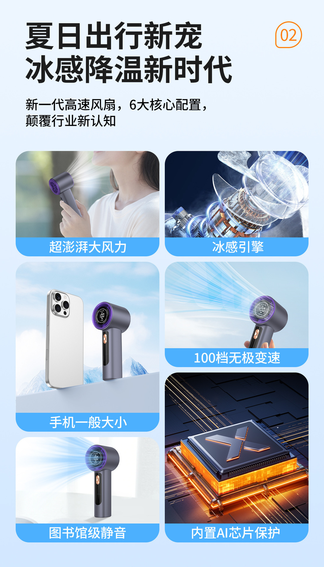 跨境新款T02高速手持风扇usb便携充电100档户外暴力涡轮小风扇详情2