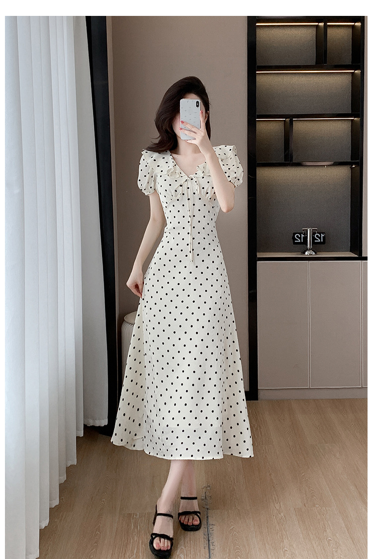 High-quality summer Korean-style sweet and slimming dress with lotus leaf collar, waist-cinching tie, puffed sleeves and jacquard polka dot pic 13