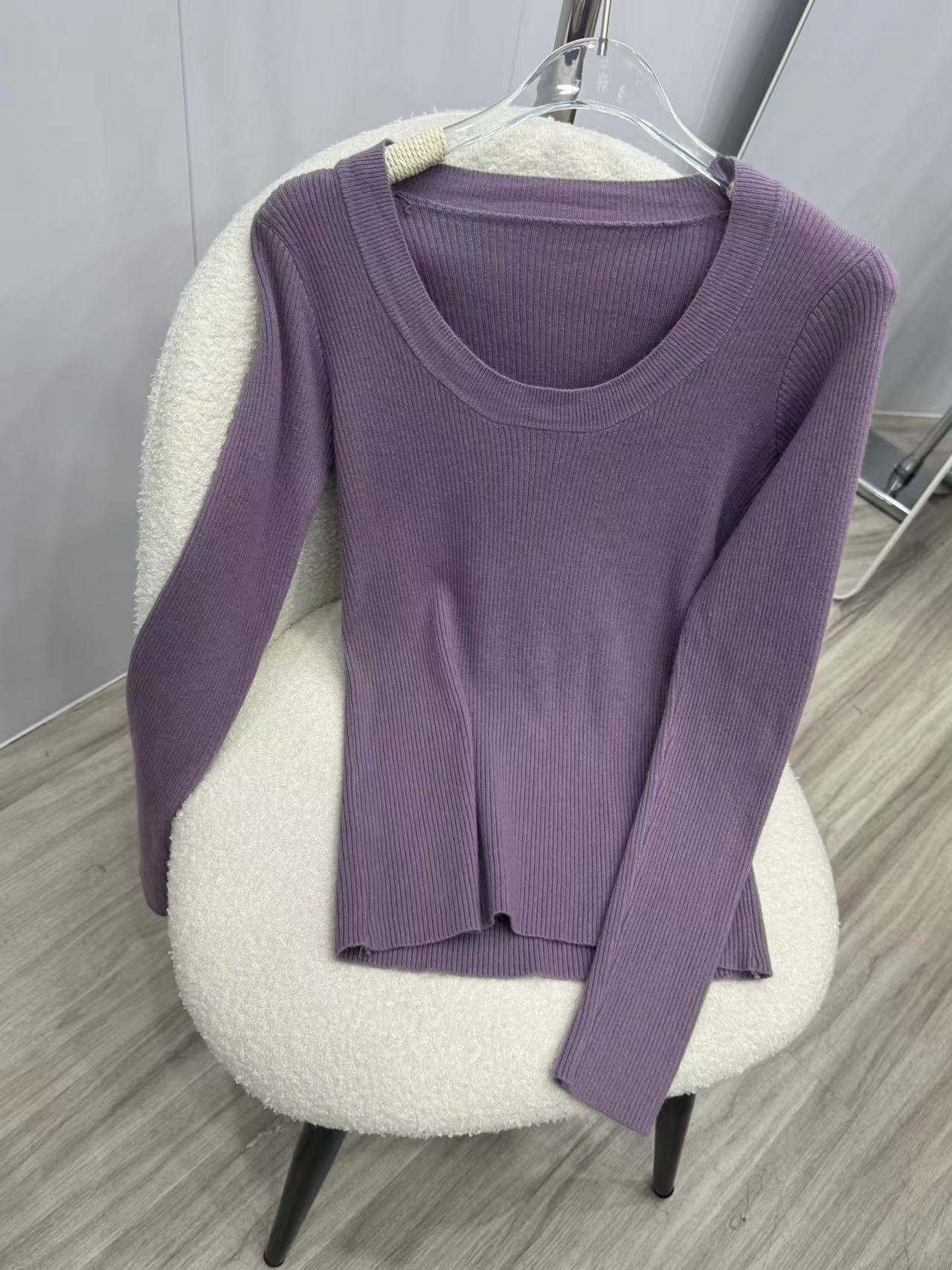 U领针织衫女韩国东大门露锁骨修身纯色安迪绒打底衫安迪绒长袖衫详情25