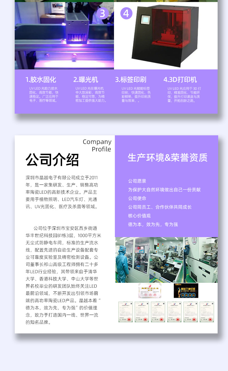 晶越3535高功率紫外线led灯珠405nm光宏3D打印UV固化灯光源曝光机详情3