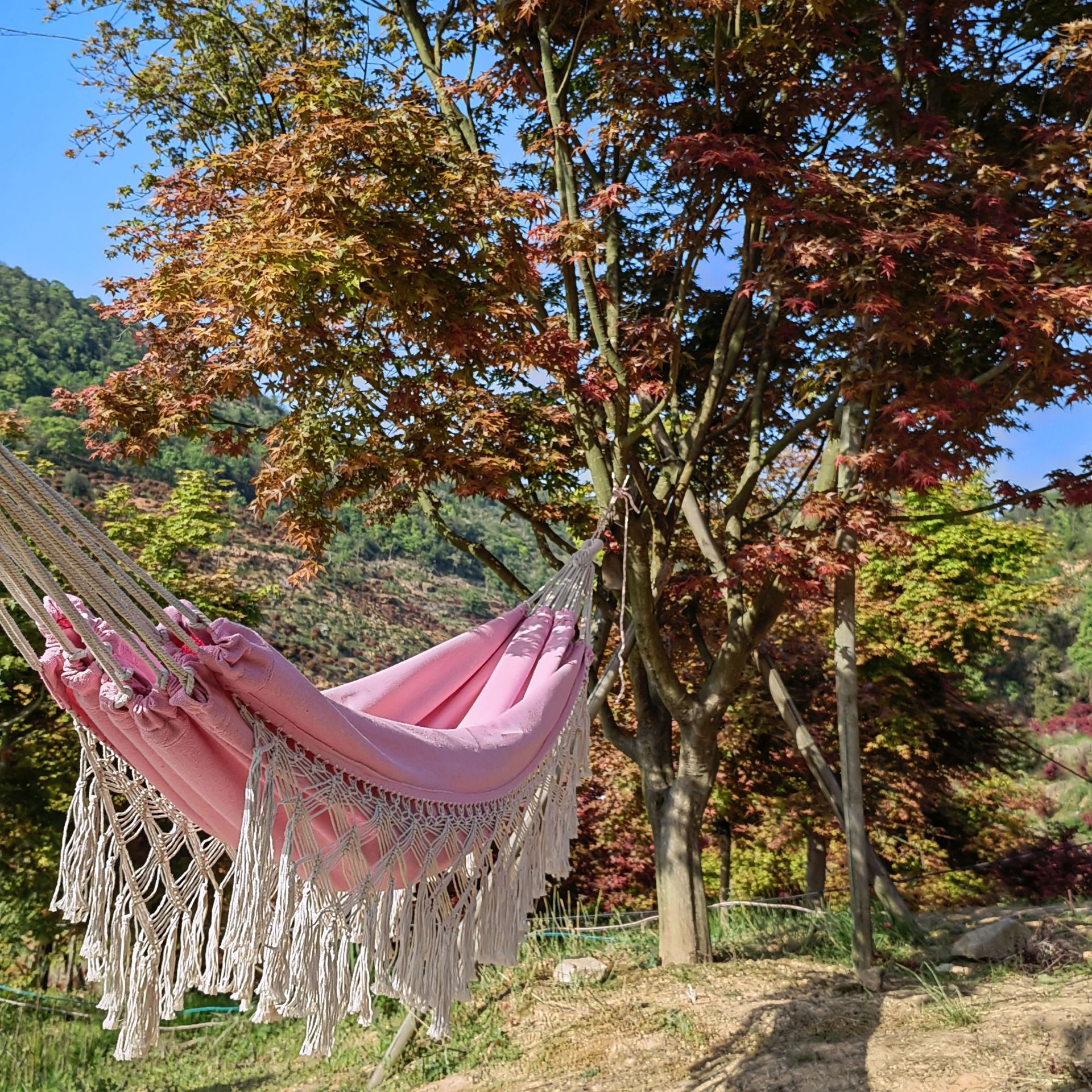 ins黄色流苏双人帆布吊床 波西米亚风摄影道具户外室内 户外吊床详情4