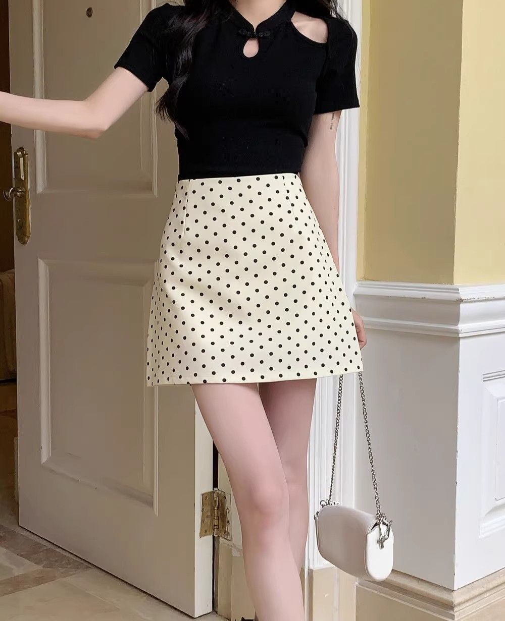 简漫妮波点半身裙夏季休闲百搭包臀裙女辣妹高腰A字裙西装短裙子详情6