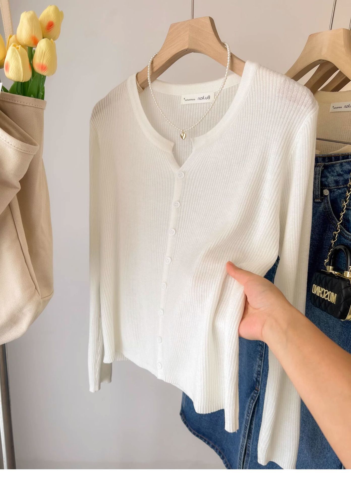 A short woolen cream-colored knitted coat for women, a long-sleeved cardigan for spring and autumn, and a chanel-style innerwear with a base layer pic 10