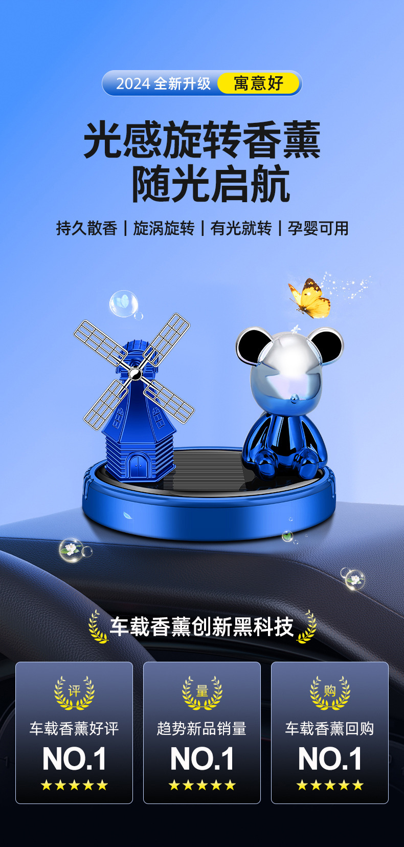 车载香水汽车风车香薰车内除异味持久香氛淡香太阳能卡通小熊摆件详情1