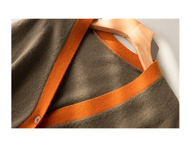 A stylish V-neck contrasting color wool cardigan with a simple and loose, fashionable knitted jacket for women in the autumn of 2024 pic 22