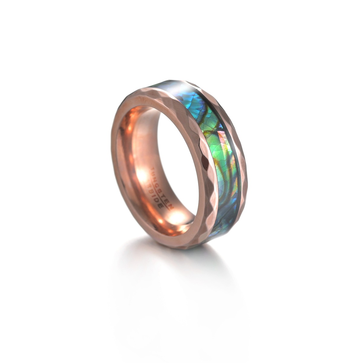European and American cross-border style diamond-shaped edge-plated black rose gold ring for men, titanium steel set abalone shell ring pic 5