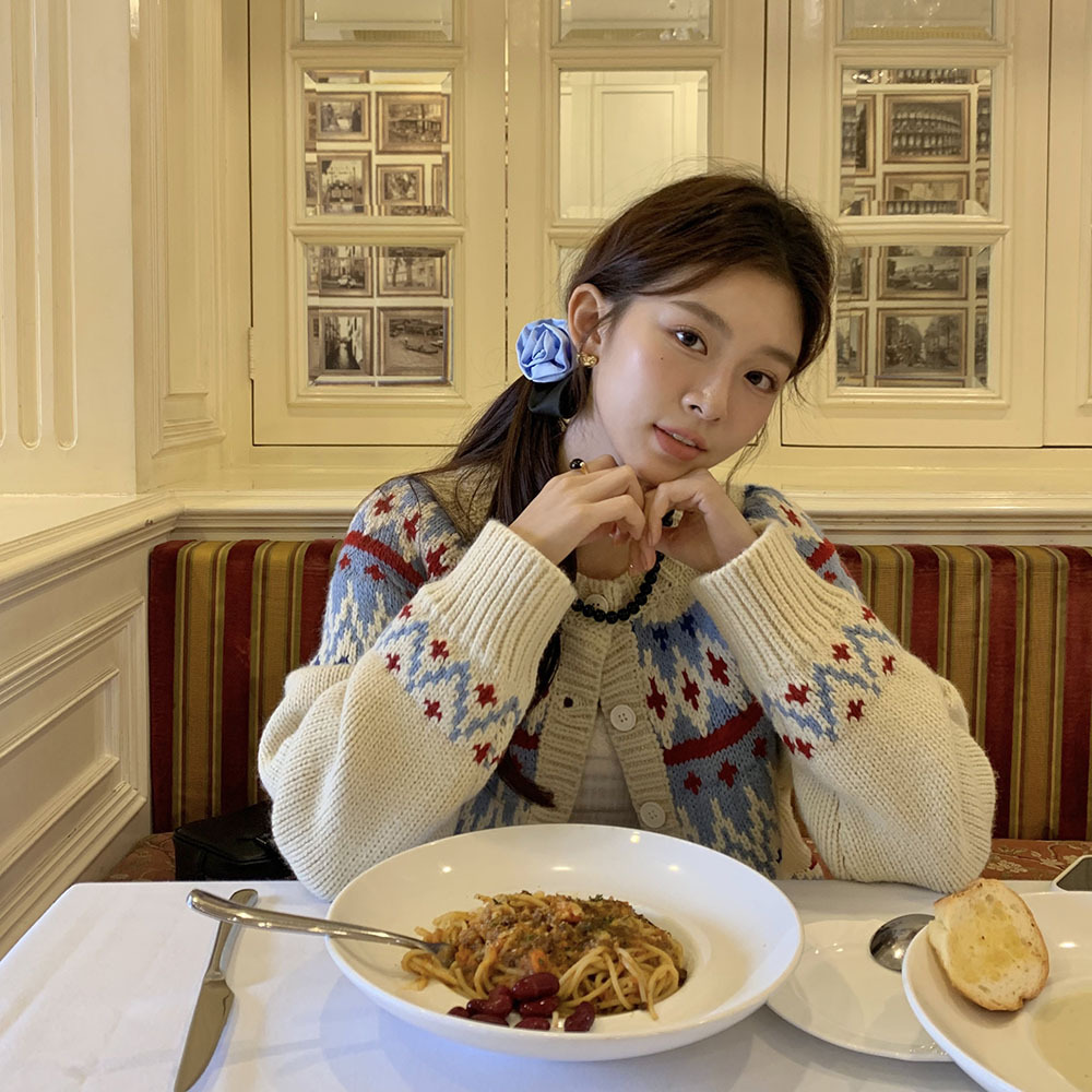 费尔岛复古美式少女撞色波普提花单排扣针织开衫厚实保暖毛衣外套详情59