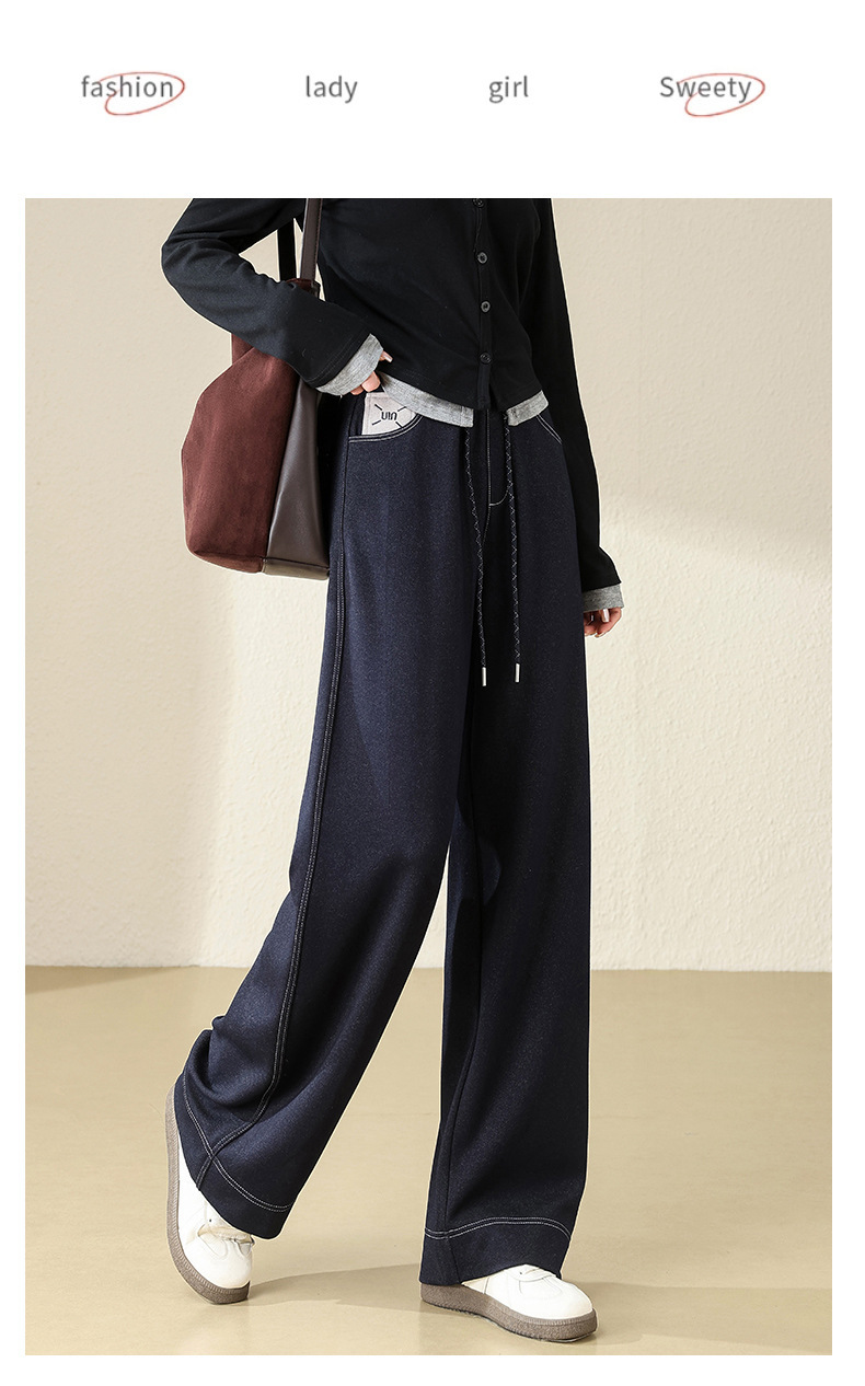 丹宁蓝窄版牛仔裤女2025秋冬季新款松紧高腰休闲直筒裤垂感阔腿裤详情20