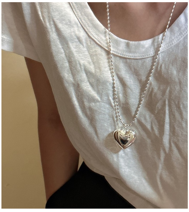 S925 sterling silver Korean version rice bead heart long sweater chain Korean version Korean version Korean style retro fashion heavy industry necklace pic 5