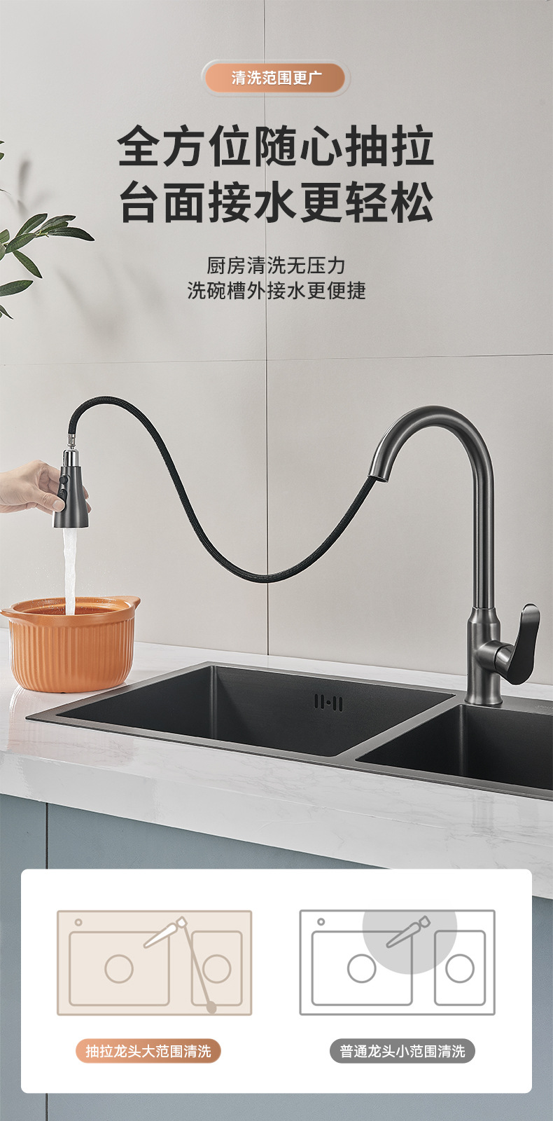 铂美雅抽拉式厨房冷热水龙头洗菜盆洗碗池水槽家用黄铜防溅伸缩龙详情3